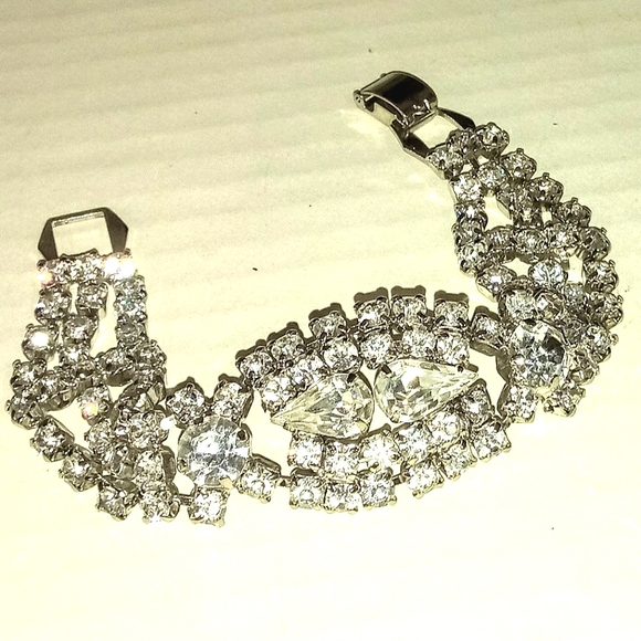 💍 Vintage Clear Crystal Rhinestone Wide Statement Bling Bracelet - Picture 7 of 7